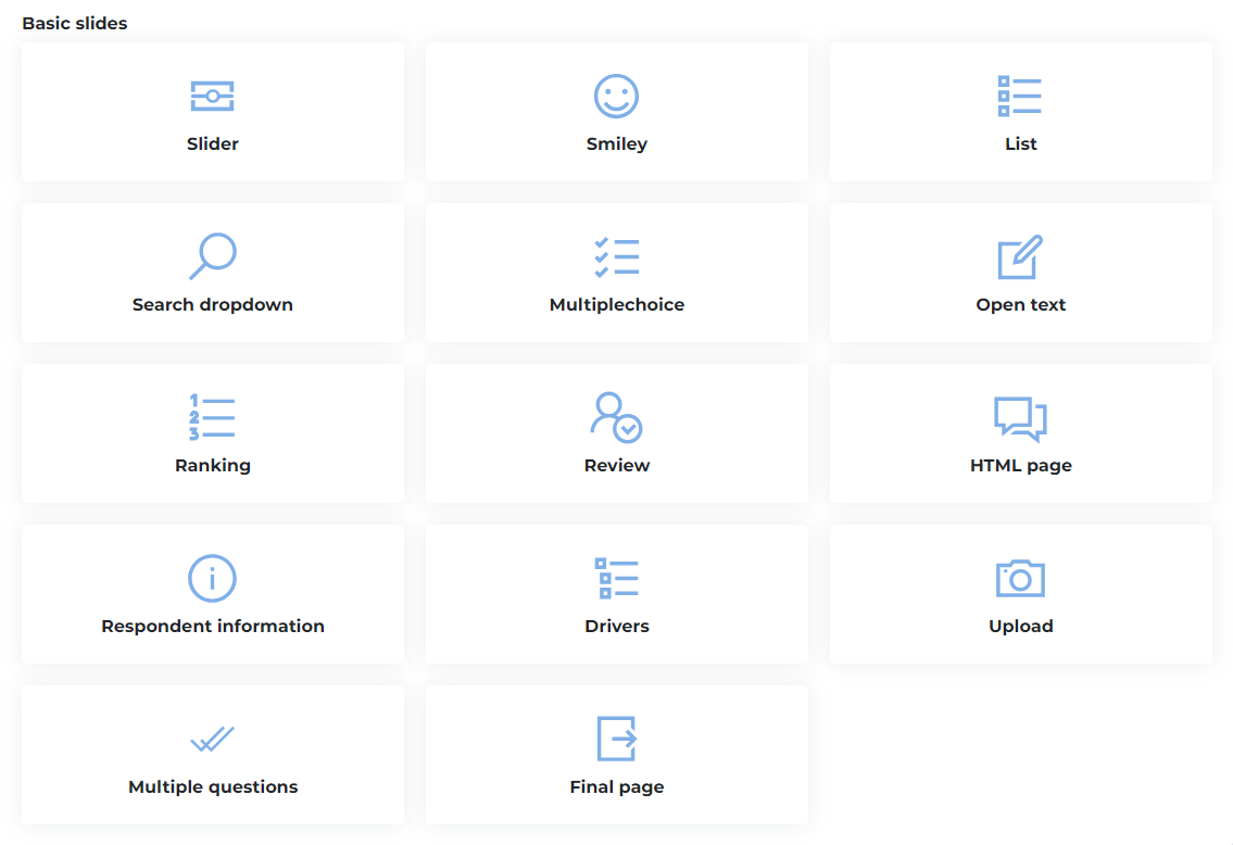 All available question types for surveys in Spotler FeedbackPro