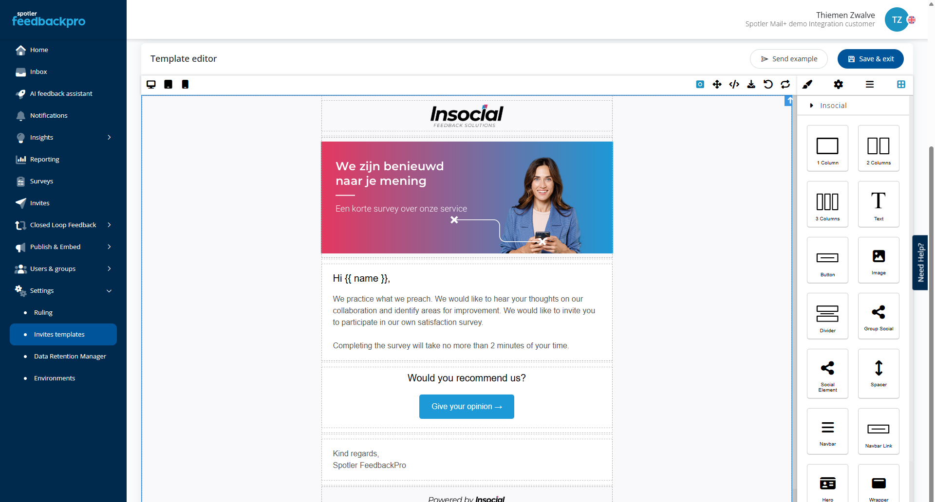 The template editor in Spotler FeedbackPro