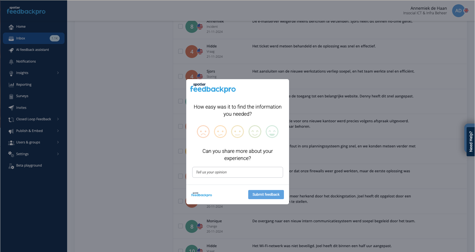 example of a pop-up survey with rating icons and comment field