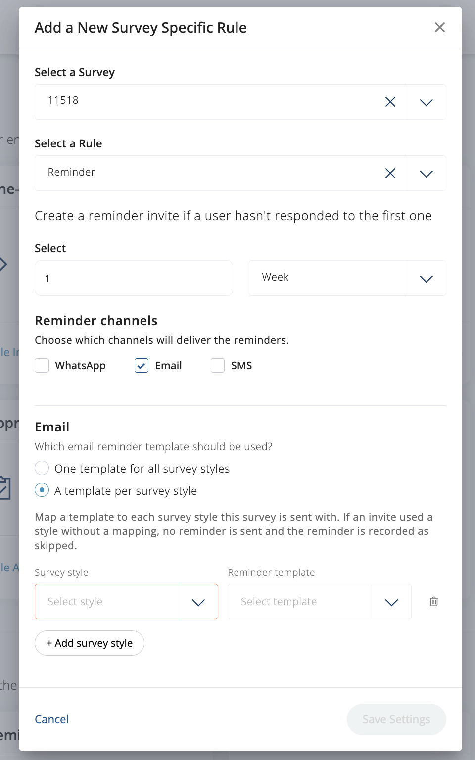 Reminder rule settings with a reminder template mapped to each survey style